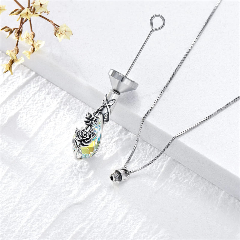 Sterling Silver Rose/Butterfly/Sunflower Flower Cremation Necklace For Ashes,Crystal Urn Necklace For Ashes For Women Memorial Jewelry
