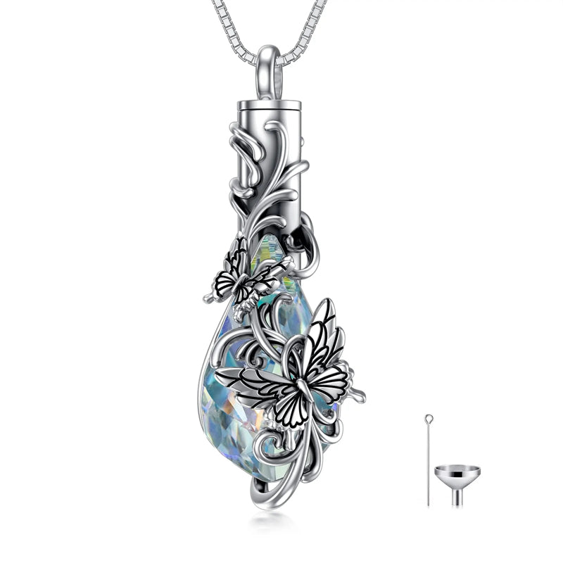 Sterling Silver Rose/Butterfly/Sunflower Flower Cremation Necklace For Ashes,Crystal Urn Necklace For Ashes For Women Memorial Jewelry