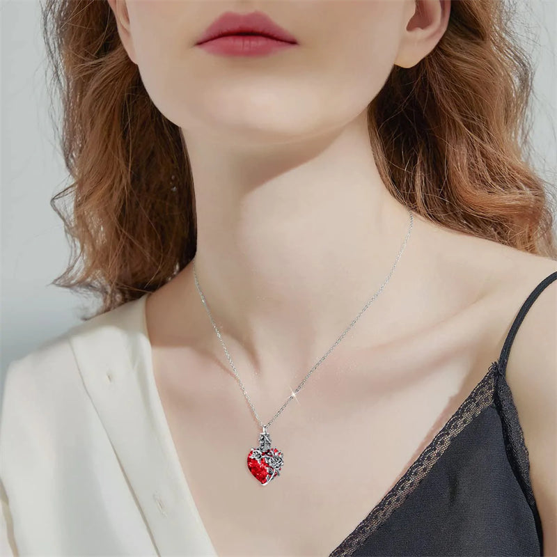 Sterling Silver Rose Flower Cremation Necklace For Ashes, Red/Blue Crystal Urn Necklace For Ashes For Women Memorial Jewelry