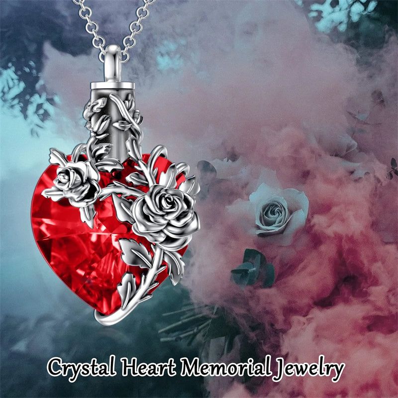 Sterling Silver Rose Flower Cremation Necklace For Ashes, Red/Blue Crystal Urn Necklace For Ashes For Women Memorial Jewelry