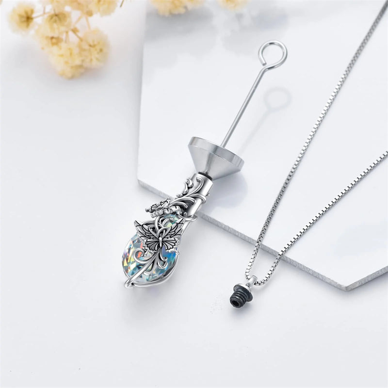 Sterling Silver Rose/Butterfly/Sunflower Flower Cremation Necklace For Ashes,Crystal Urn Necklace For Ashes For Women Memorial Jewelry