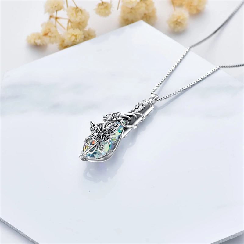 Sterling Silver Rose/Butterfly/Sunflower Flower Cremation Necklace For Ashes,Crystal Urn Necklace For Ashes For Women Memorial Jewelry
