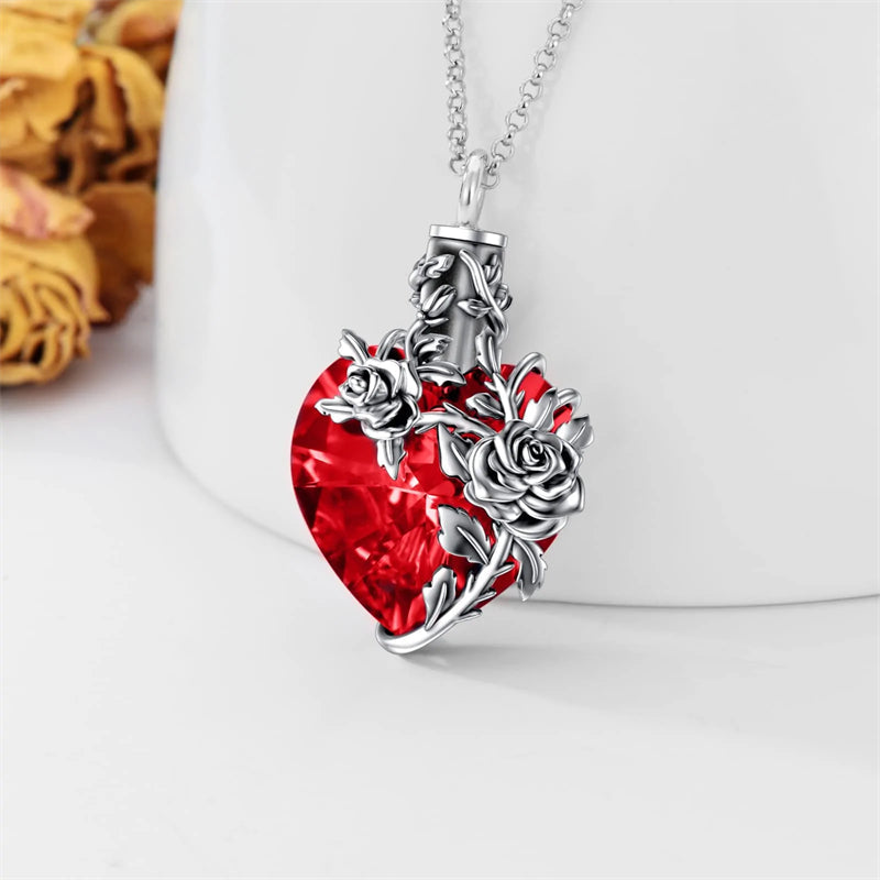 Sterling Silver Rose Flower Cremation Necklace For Ashes, Red/Blue Crystal Urn Necklace For Ashes For Women Memorial Jewelry
