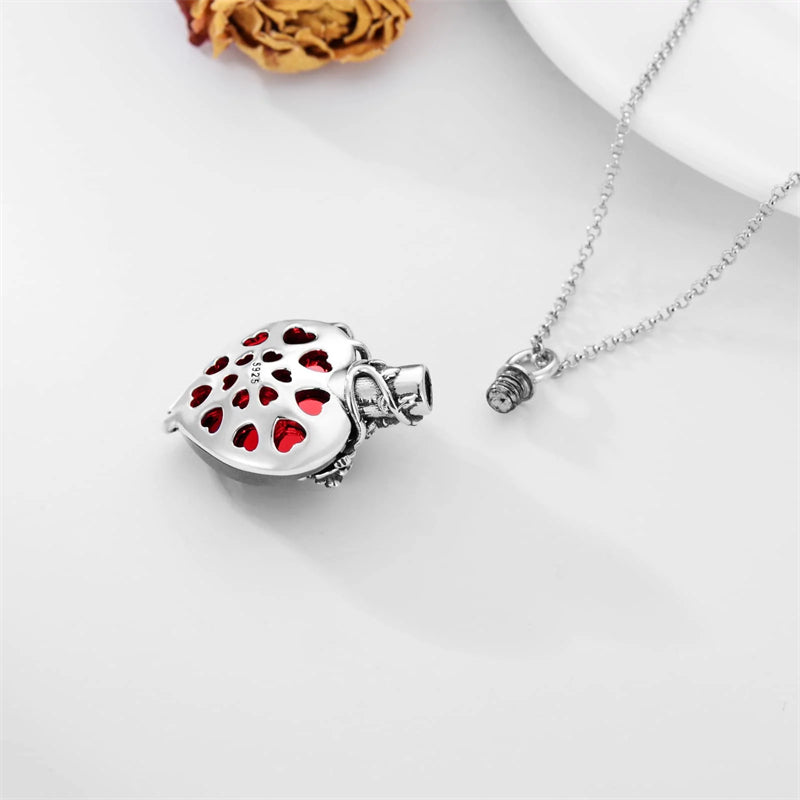Sterling Silver Rose Flower Cremation Necklace For Ashes, Red/Blue Crystal Urn Necklace For Ashes For Women Memorial Jewelry