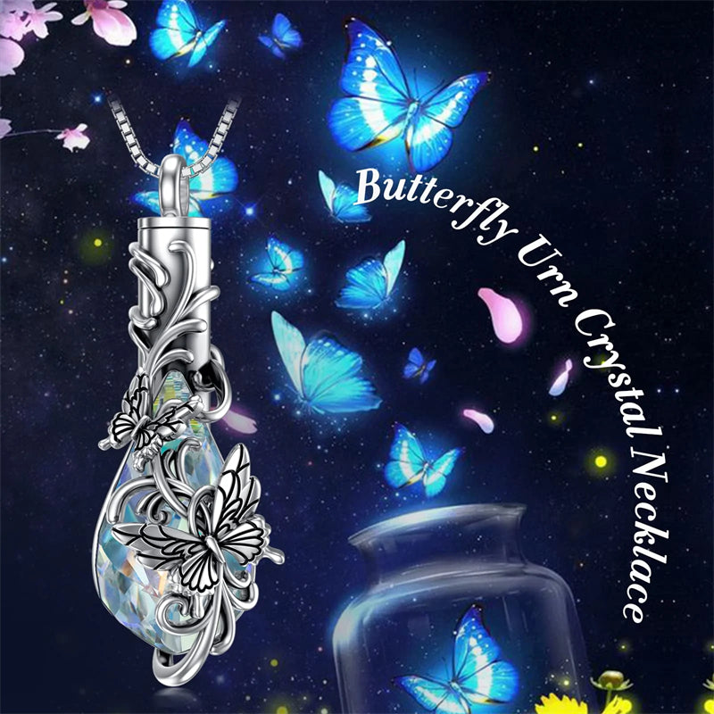 Sterling Silver Rose/Butterfly/Sunflower Flower Cremation Necklace For Ashes,Crystal Urn Necklace For Ashes For Women Memorial Jewelry