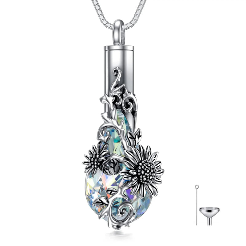 Sterling Silver Rose/Butterfly/Sunflower Flower Cremation Necklace For Ashes,Crystal Urn Necklace For Ashes For Women Memorial Jewelry