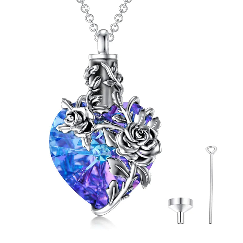 Sterling Silver Rose Flower Cremation Necklace For Ashes, Red/Blue Crystal Urn Necklace For Ashes For Women Memorial Jewelry