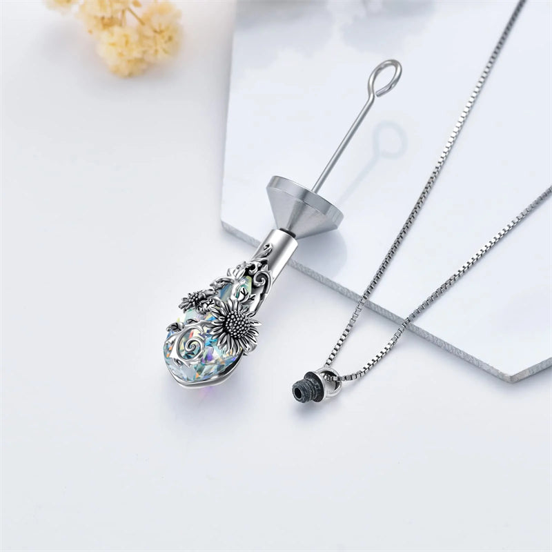 Sterling Silver Rose/Butterfly/Sunflower Flower Cremation Necklace For Ashes,Crystal Urn Necklace For Ashes For Women Memorial Jewelry