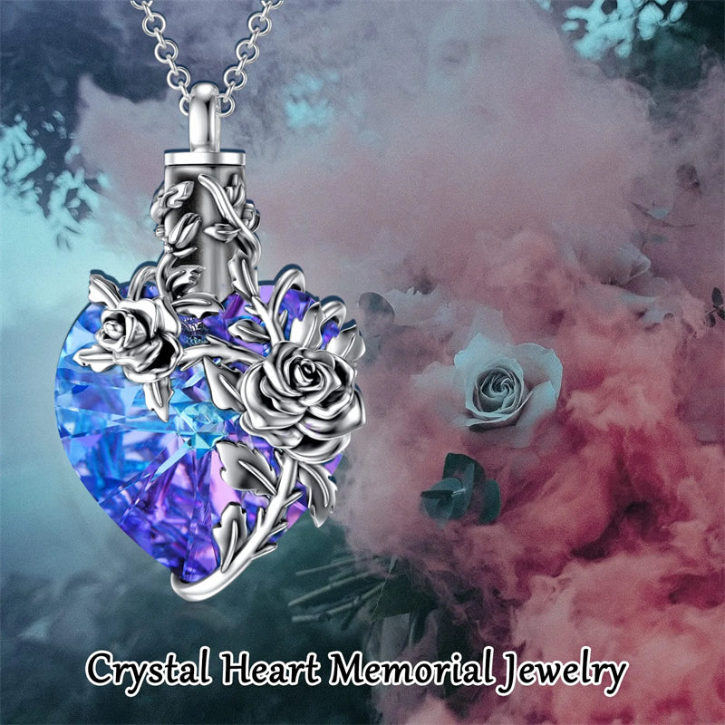 Sterling Silver Rose Flower Cremation Necklace For Ashes, Red/Blue Crystal Urn Necklace For Ashes For Women Memorial Jewelry