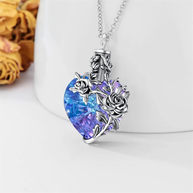 Sterling Silver Rose Flower Cremation Necklace For Ashes, Red/Blue Crystal Urn Necklace For Ashes For Women Memorial Jewelry