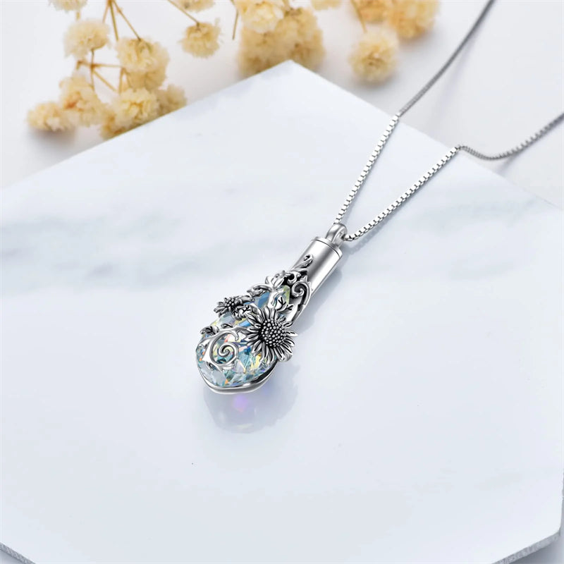 Sterling Silver Rose/Butterfly/Sunflower Flower Cremation Necklace For Ashes,Crystal Urn Necklace For Ashes For Women Memorial Jewelry