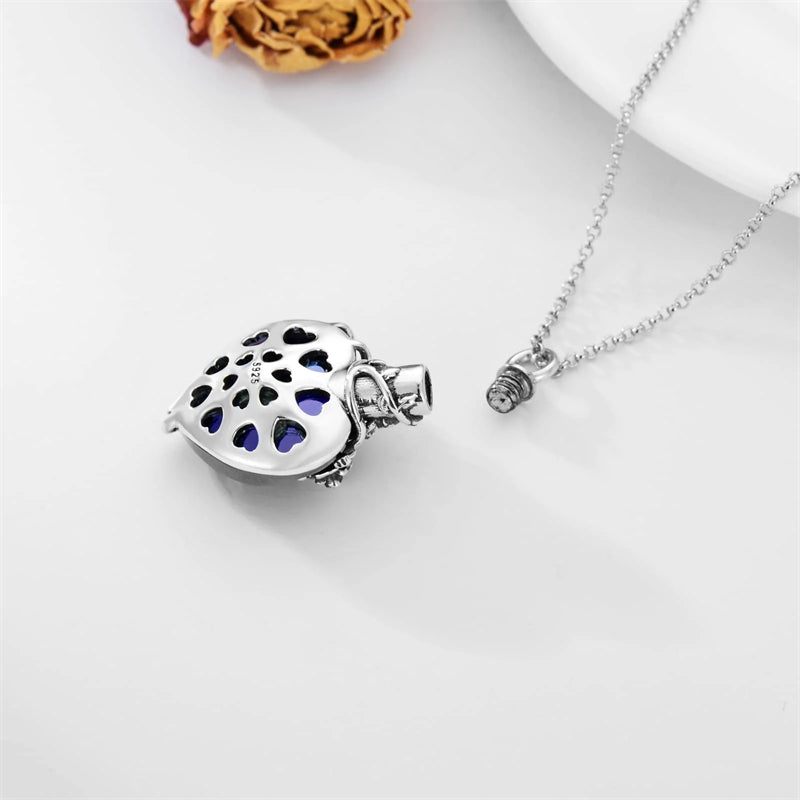Sterling Silver Rose Flower Cremation Necklace For Ashes, Red/Blue Crystal Urn Necklace For Ashes For Women Memorial Jewelry