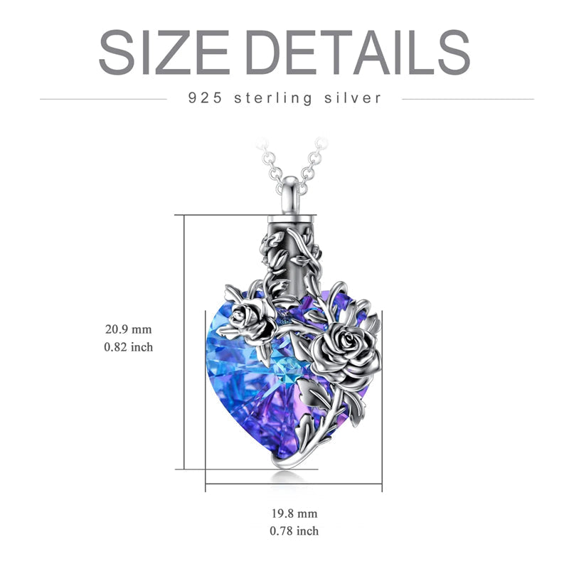 Sterling Silver Rose Flower Cremation Necklace For Ashes, Red/Blue Crystal Urn Necklace For Ashes For Women Memorial Jewelry