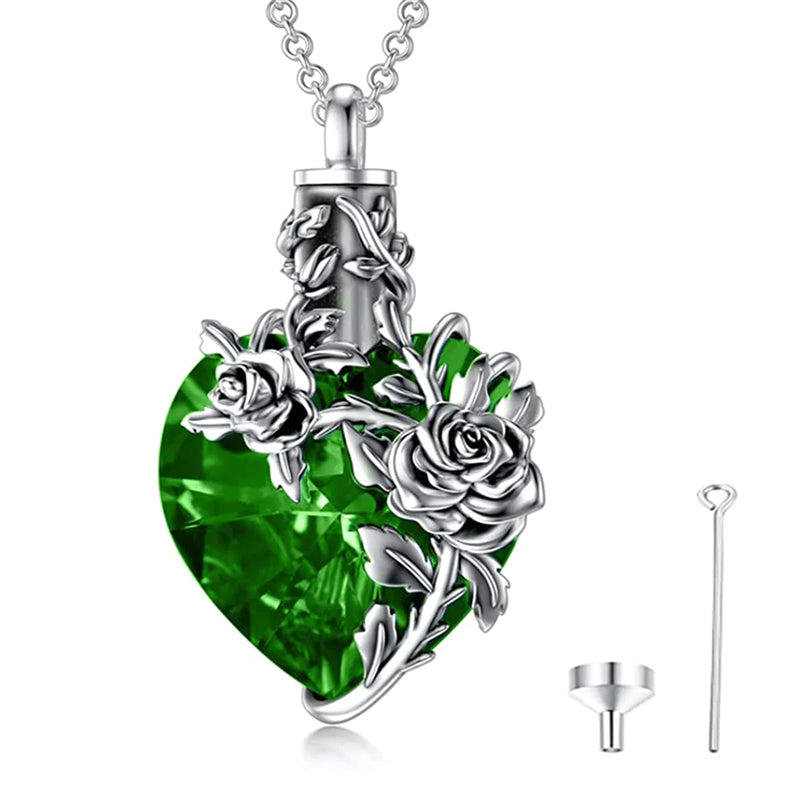 Sterling Silver Rose Flower Cremation Necklace For Ashes, Red/Blue Crystal Urn Necklace For Ashes For Women Memorial Jewelry