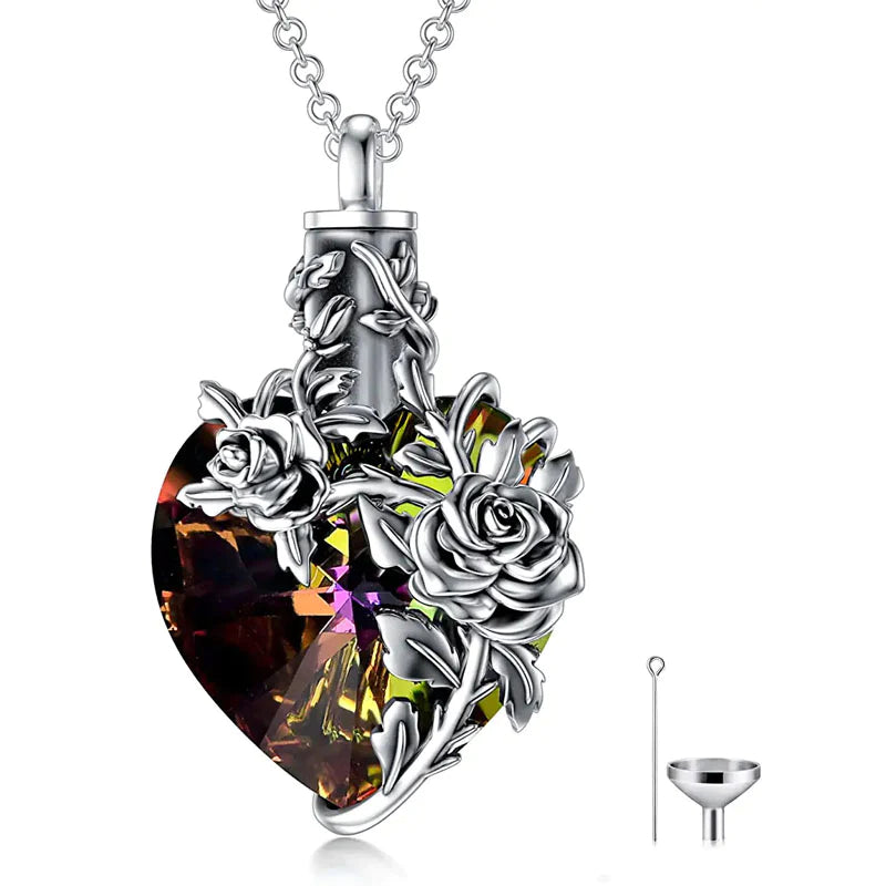 Sterling Silver Rose Flower Cremation Necklace For Ashes, Red/Blue Crystal Urn Necklace For Ashes For Women Memorial Jewelry