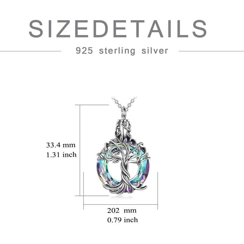 Sterling Silver Tree of Life Urn Necklace for Ashes with Circle Crystal Cremation Memorial Keepsake Jewelry
