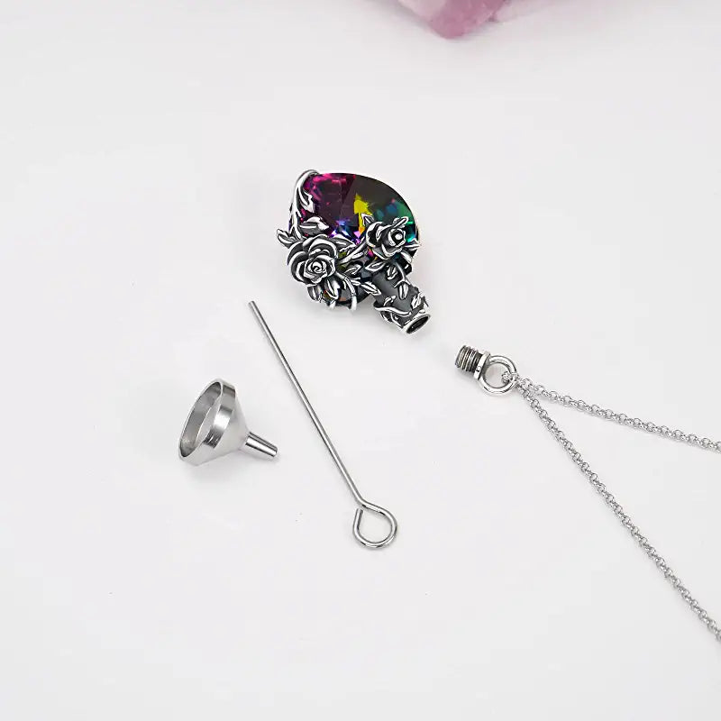 Sterling Silver Rose Flower Cremation Necklace For Ashes, Red/Blue Crystal Urn Necklace For Ashes For Women Memorial Jewelry
