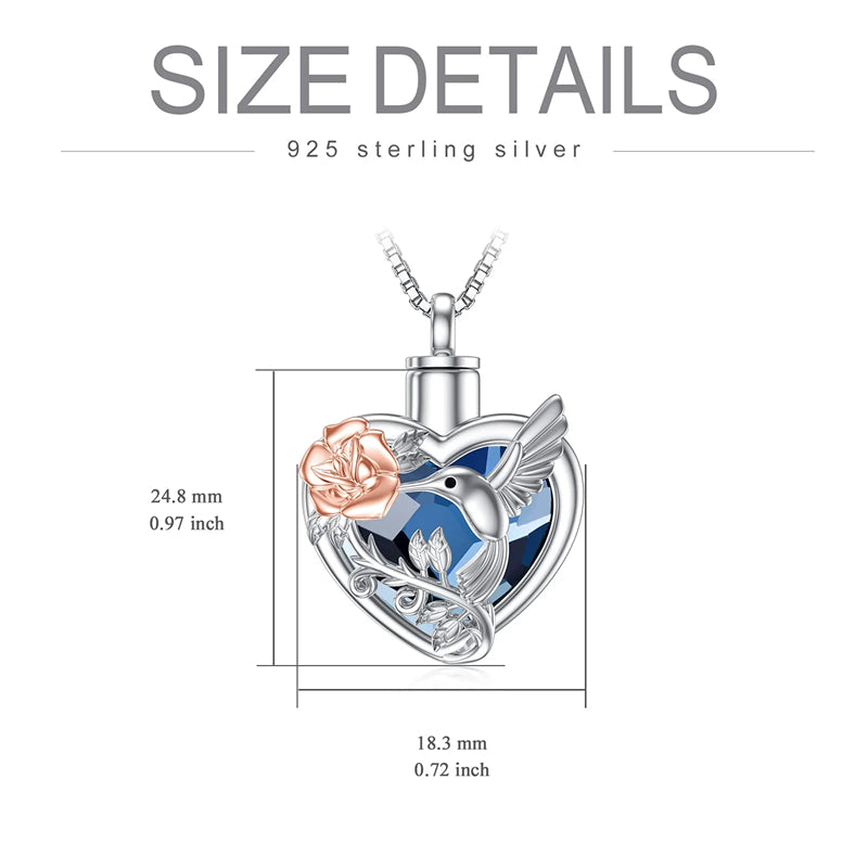 Hummingbird Urn Necklace for Ashes Sterling Silver with Crystal Cremation Jewelry w/Funnel Filler Keepsake Memory Jewelry for Women Girls