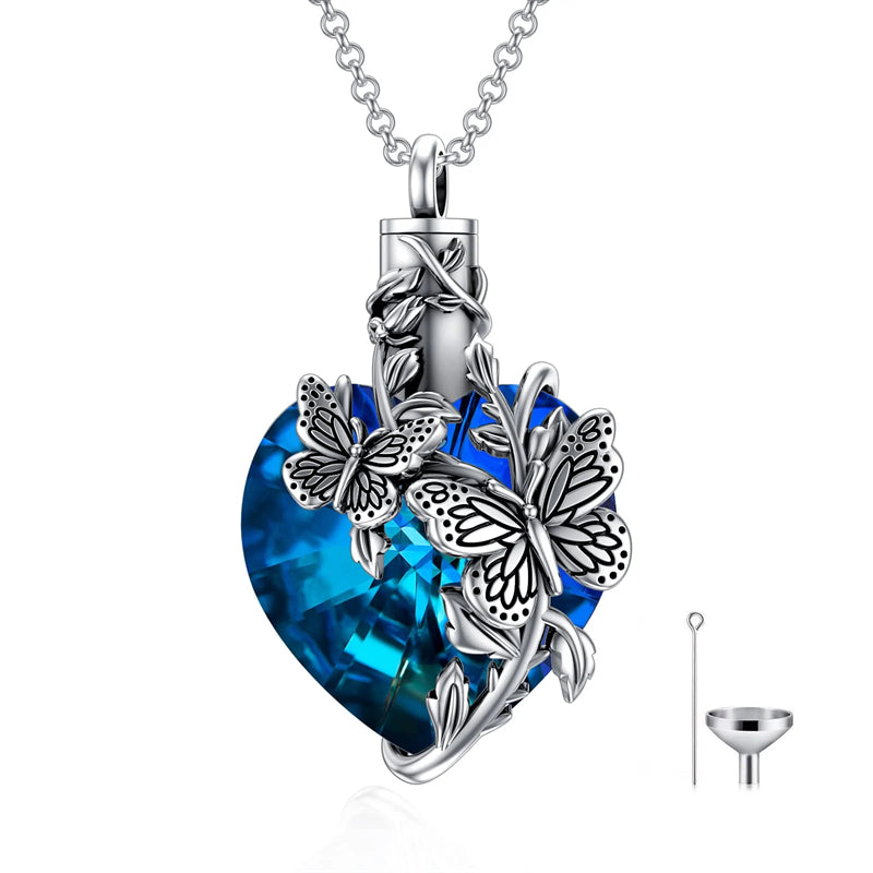 Sterling Silver Rose Flower Cremation Necklace For Ashes, Red/Blue Crystal Urn Necklace For Ashes For Women Memorial Jewelry