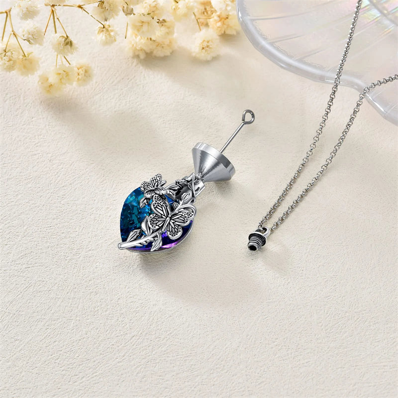 Sterling Silver Rose Flower Cremation Necklace For Ashes, Red/Blue Crystal Urn Necklace For Ashes For Women Memorial Jewelry