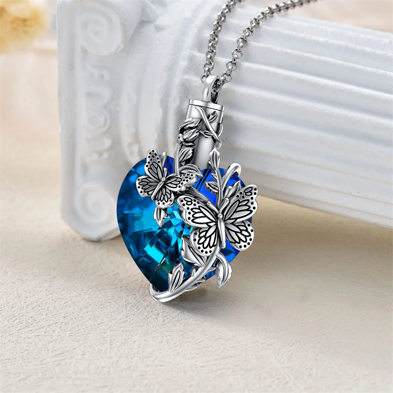 Sterling Silver Rose Flower Cremation Necklace For Ashes, Red/Blue Crystal Urn Necklace For Ashes For Women Memorial Jewelry