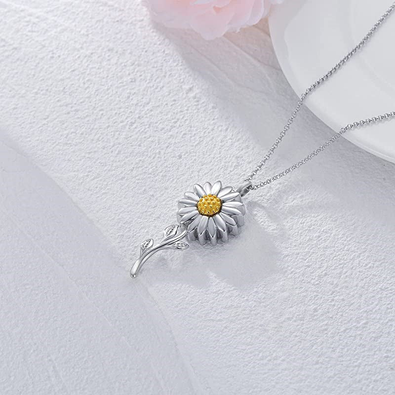 925 Sterling Silver Sunflower Daisy Urn Necklace Keepsake Ashes Cremation Hair Memorial Jewelry