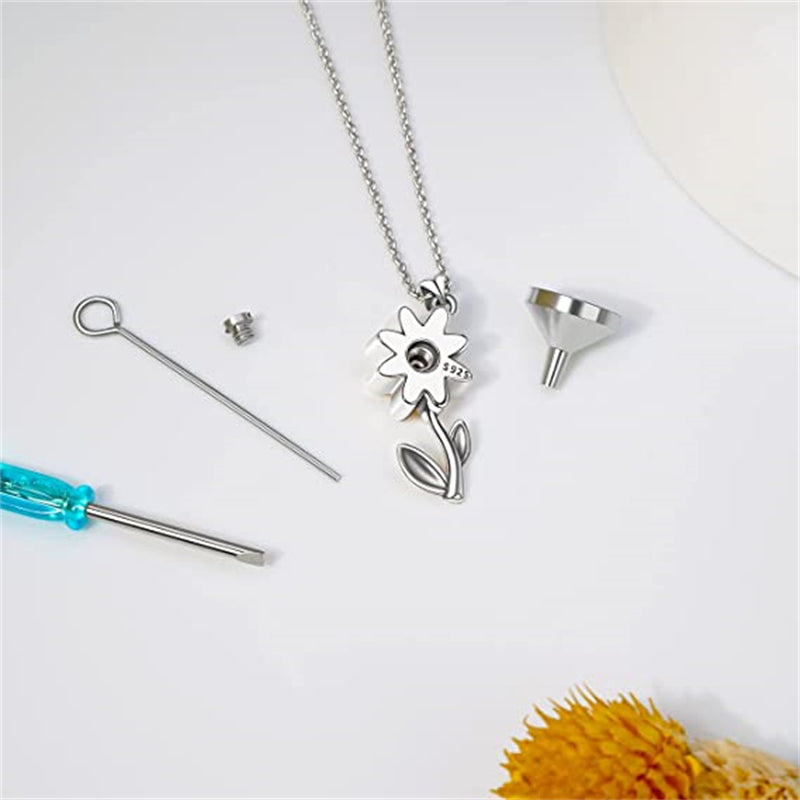 925 Sterling Silver Sunflower Daisy Urn Necklace Keepsake Ashes Cremation Hair Memorial Jewelry