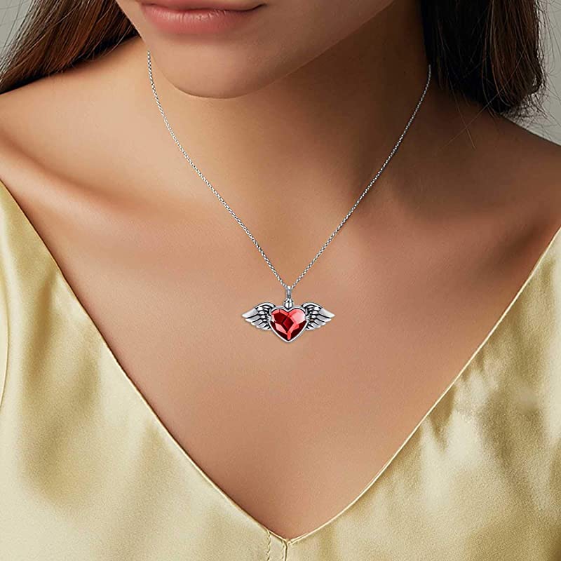 Angel Wing with Heart Urn Necklace for Ashes Sterling Silver Crystal Heart Cremation Memorial Keepsake Pendant