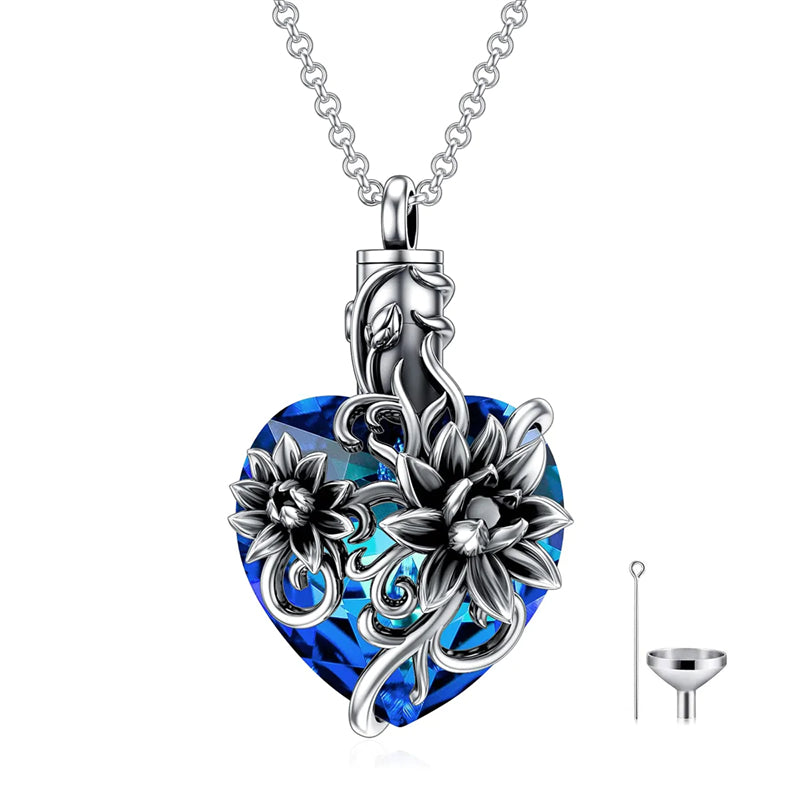 Sterling Silver Rose Flower Cremation Necklace For Ashes, Red/Blue Crystal Urn Necklace For Ashes For Women Memorial Jewelry