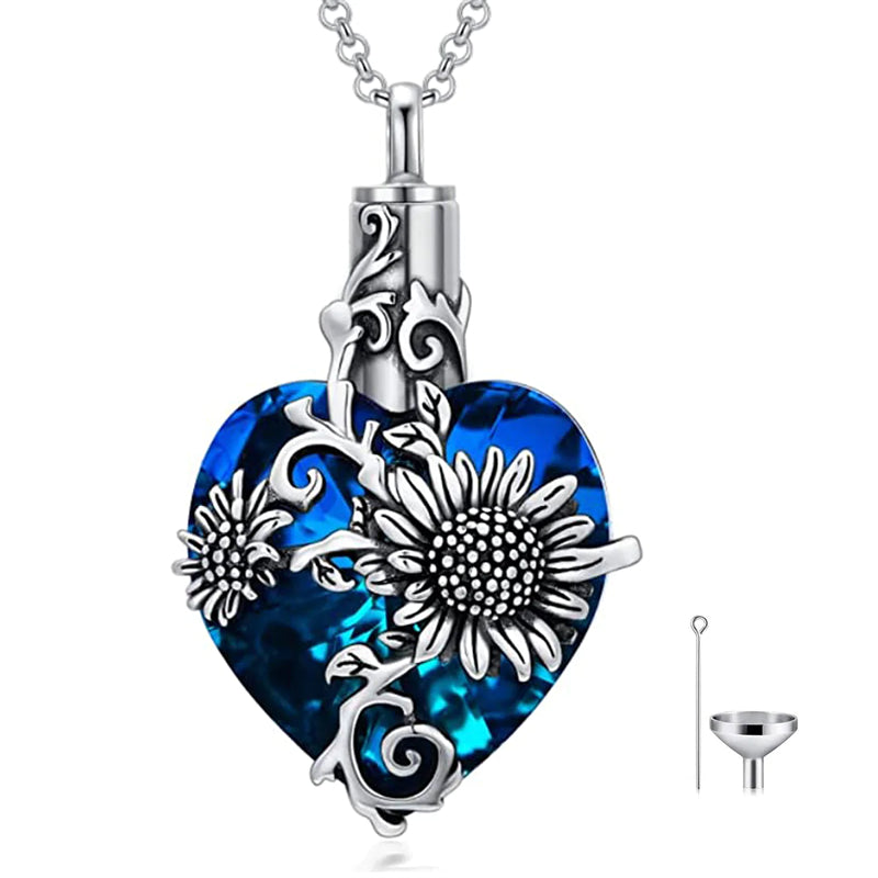 Sterling Silver Rose Flower Cremation Necklace For Ashes, Red/Blue Crystal Urn Necklace For Ashes For Women Memorial Jewelry