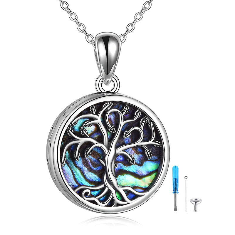 Tree of Life Urn Necklaces for Ashes Sterling Silver Abalone Shell Tree of Life Cremation Jewelry Memory Jewelry for Women Men