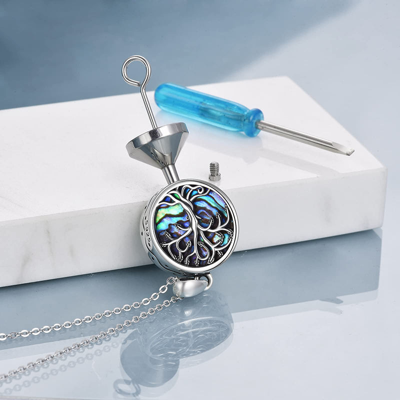 Tree of Life Urn Necklaces for Ashes Sterling Silver Abalone Shell Tree of Life Cremation Jewelry Memory Jewelry for Women Men