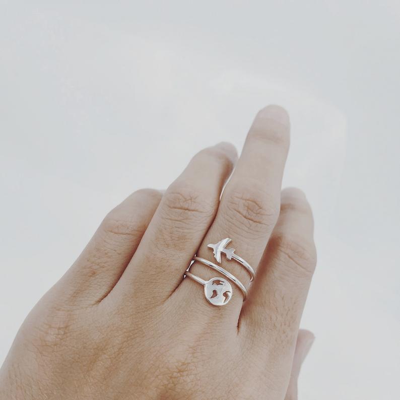 925 Sterling Silver World Map Ring with Airplane Travel Ring World Ring Travel Gifts For Women Adventure Ring Gift