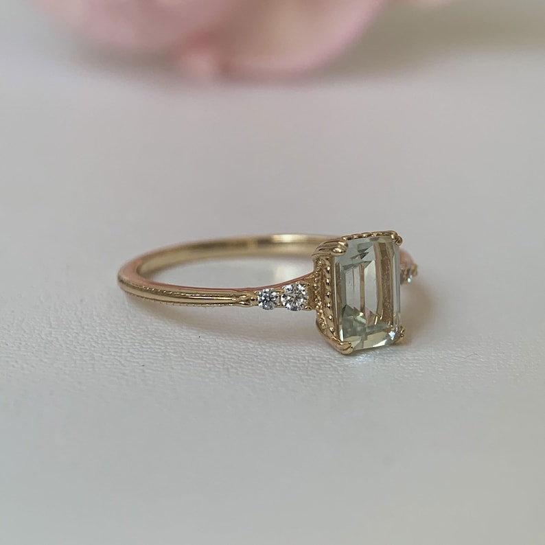 Natural Green Emerald Cut Prasiolite RingsAnniversary Birthday Gift For Her
