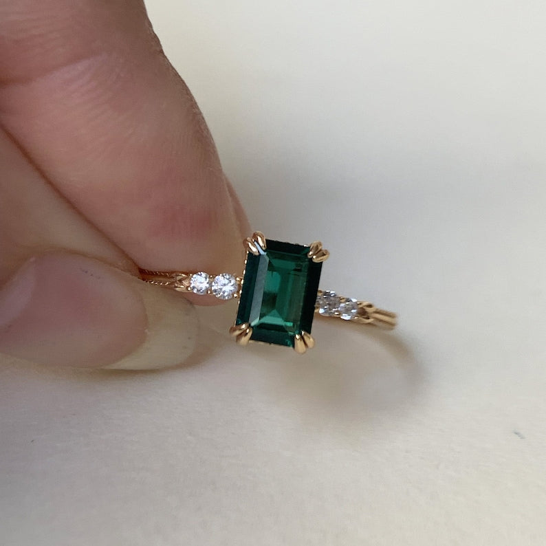 Natural Green Emerald Cut Prasiolite RingsAnniversary Birthday Gift For Her