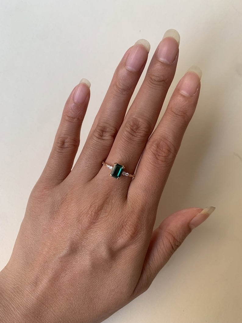 Natural Green Emerald Cut Prasiolite RingsAnniversary Birthday Gift For Her