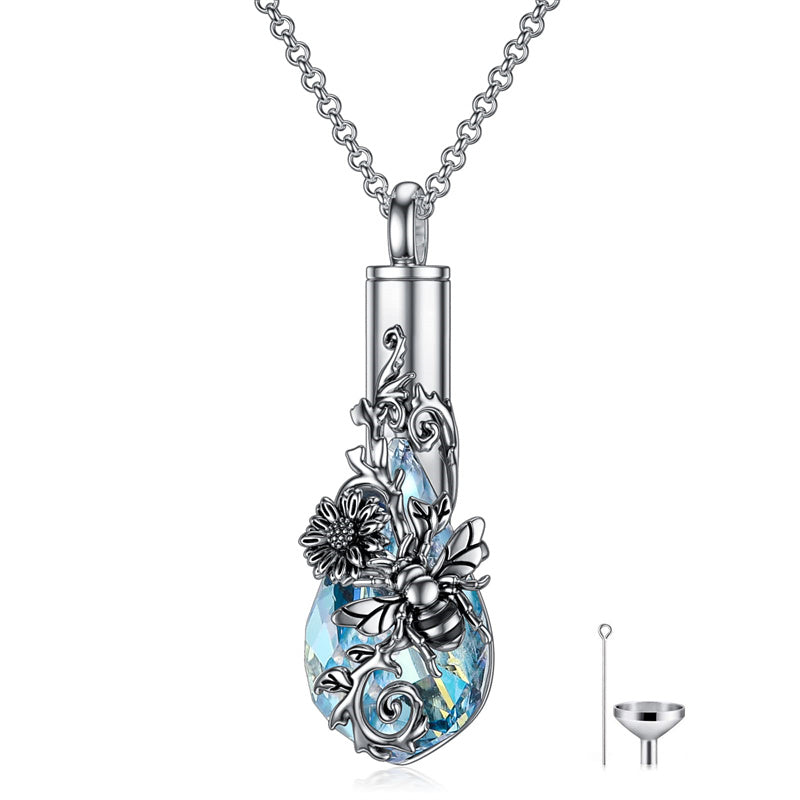 Sterling Silver Rose/Butterfly/Sunflower Flower Cremation Necklace For Ashes,Crystal Urn Necklace For Ashes For Women Memorial Jewelry