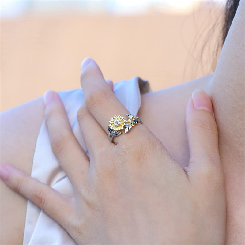 925 Sterling Silver Adjustable Fidget Anxiety Bumble Bee with Sunflower Jewelry Ring , Dainty You Are My Sunshine Flower Honeybee Spinning Rings for Girls