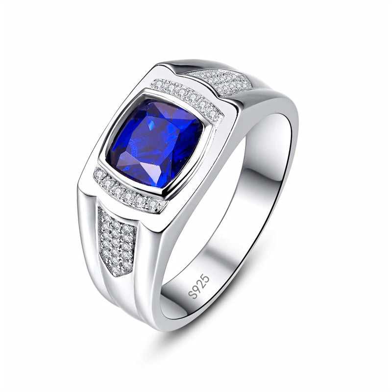 Men's Siver Ring 925 Sterling Silver Ring Created Blue Sapphire Pave CZ W/AAA Princess Cut Wedding Band For Men