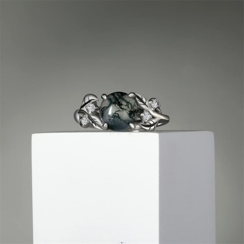 Leaf Moss Agate Ring For Women Girls Sterling Silver Round Cut 8 MM Solitaire Ring Healing Jewelry Gift