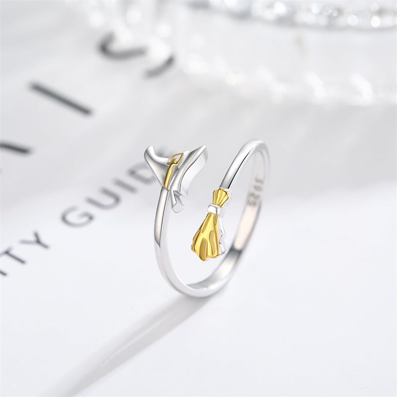 Witch Ring 925 Sterling Silver Witch Cap Broom Adjustable Ring Halloween Ring for Women Gothic Broom Thumb Ring Witch Hat Open Ring Halloween Jewelry