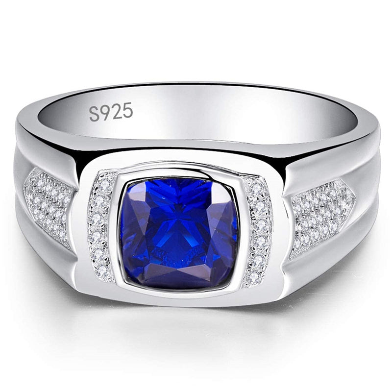 Men's Siver Ring 925 Sterling Silver Ring Created Blue Sapphire Pave CZ W/AAA Princess Cut Wedding Band For Men