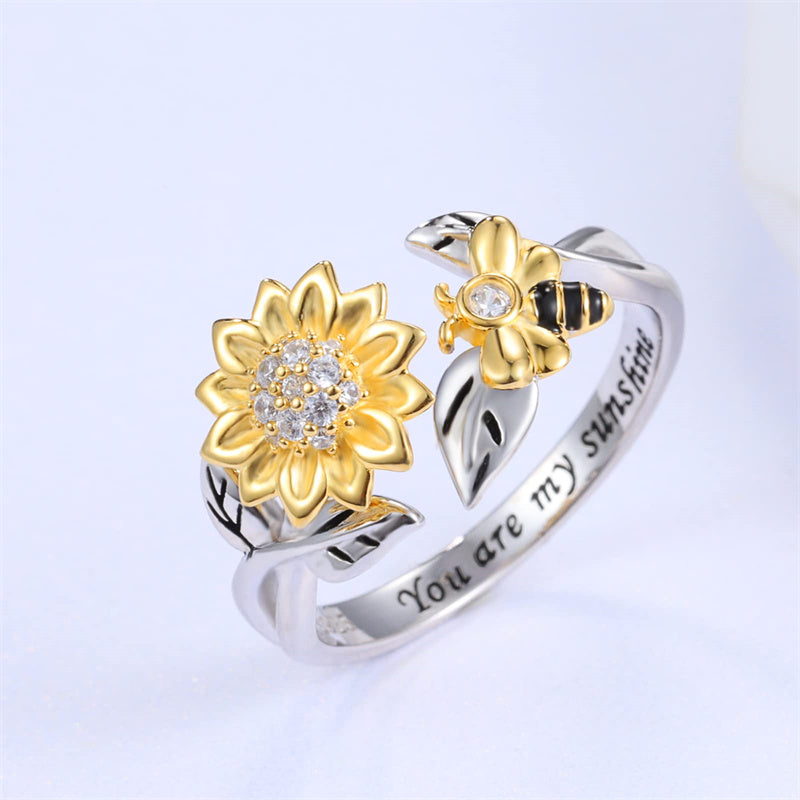 925 Sterling Silver Adjustable Fidget Anxiety Bumble Bee with Sunflower Jewelry Ring , Dainty You Are My Sunshine Flower Honeybee Spinning Rings for Girls