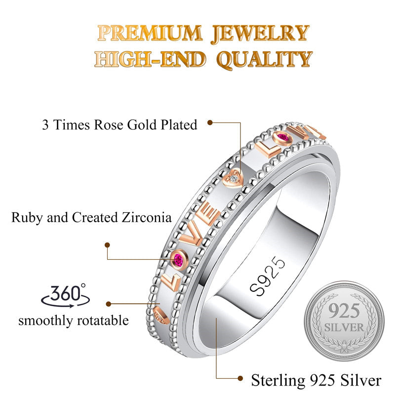 Love Fidget Ring Spinner Ring for Anxiety Women Men Girlfriend Daughter Teen Girl Real S925 Sterling Silver Band Ring