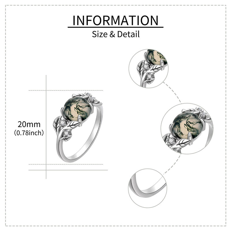 Leaf Moss Agate Ring For Women Girls Sterling Silver Round Cut 8 MM Solitaire Ring Healing Jewelry Gift