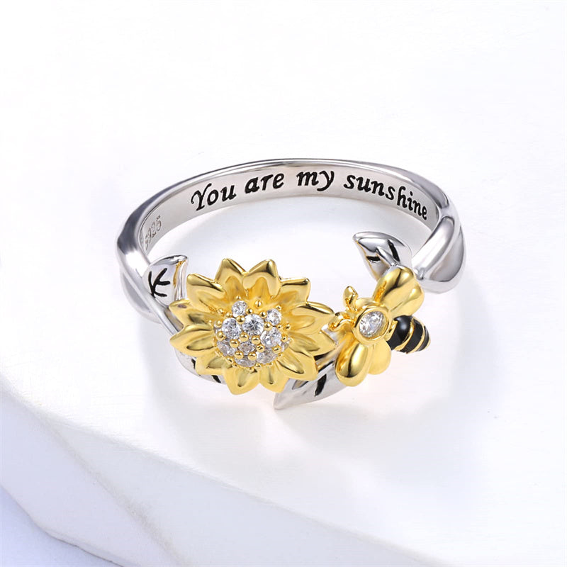925 Sterling Silver Adjustable Fidget Anxiety Bumble Bee with Sunflower Jewelry Ring , Dainty You Are My Sunshine Flower Honeybee Spinning Rings for Girls