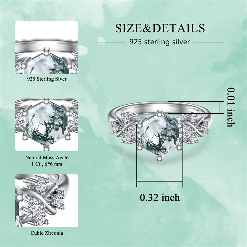 Sterling Silver 1ct Natural Moss Agate Ring Green Moss Agate Engagement Ring Women Wedding Ring Set Jewelry Gift