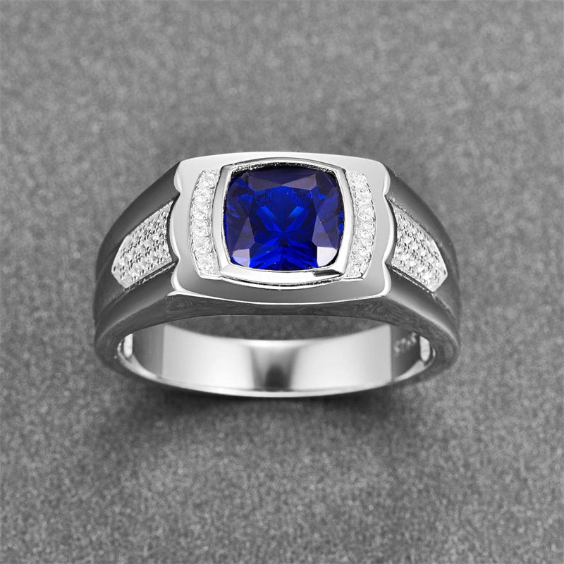 Men's Siver Ring 925 Sterling Silver Ring Created Blue Sapphire Pave CZ W/AAA Princess Cut Wedding Band For Men