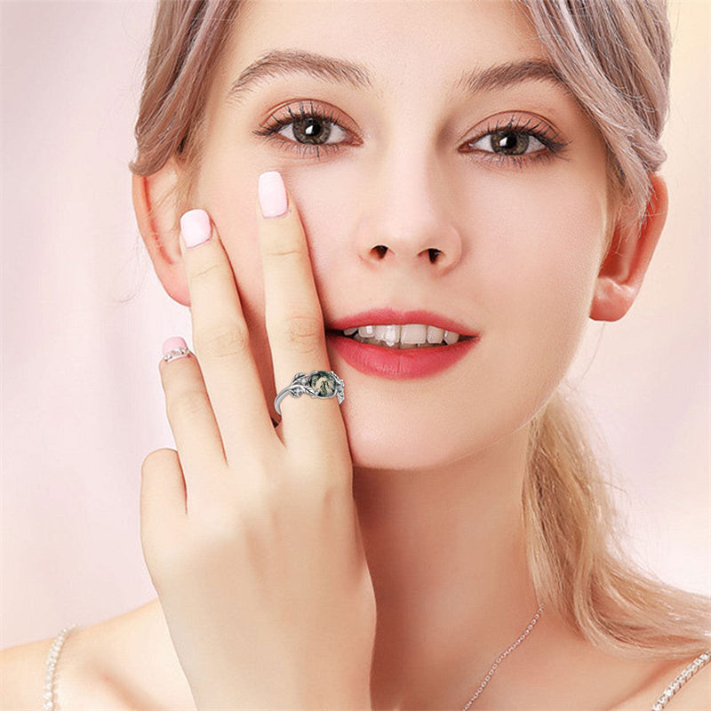 Leaf Moss Agate Ring For Women Girls Sterling Silver Round Cut 8 MM Solitaire Ring Healing Jewelry Gift