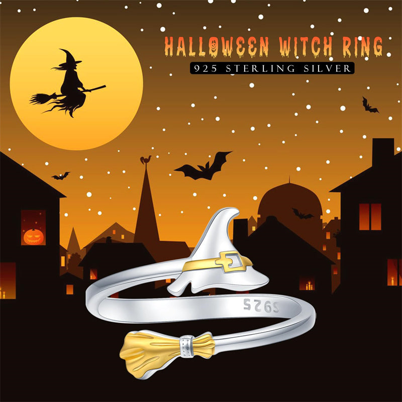 Witch Ring 925 Sterling Silver Witch Cap Broom Adjustable Ring Halloween Ring for Women Gothic Broom Thumb Ring Witch Hat Open Ring Halloween Jewelry